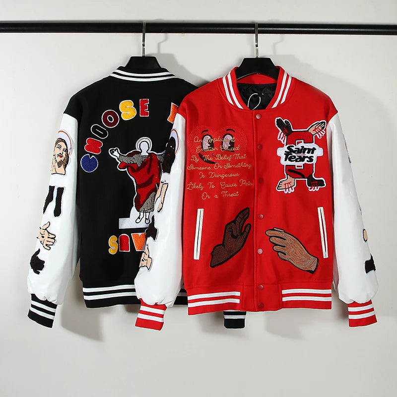 high street color block graffiti embroidery baseball jacket mens leather sleeve woolen patchwork stand oversized winter coats unique default style 922