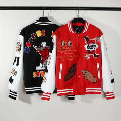 high street color block graffiti embroidery baseball jacket mens leather sleeve woolen patchwork stand oversized winter coats unique default style 922
