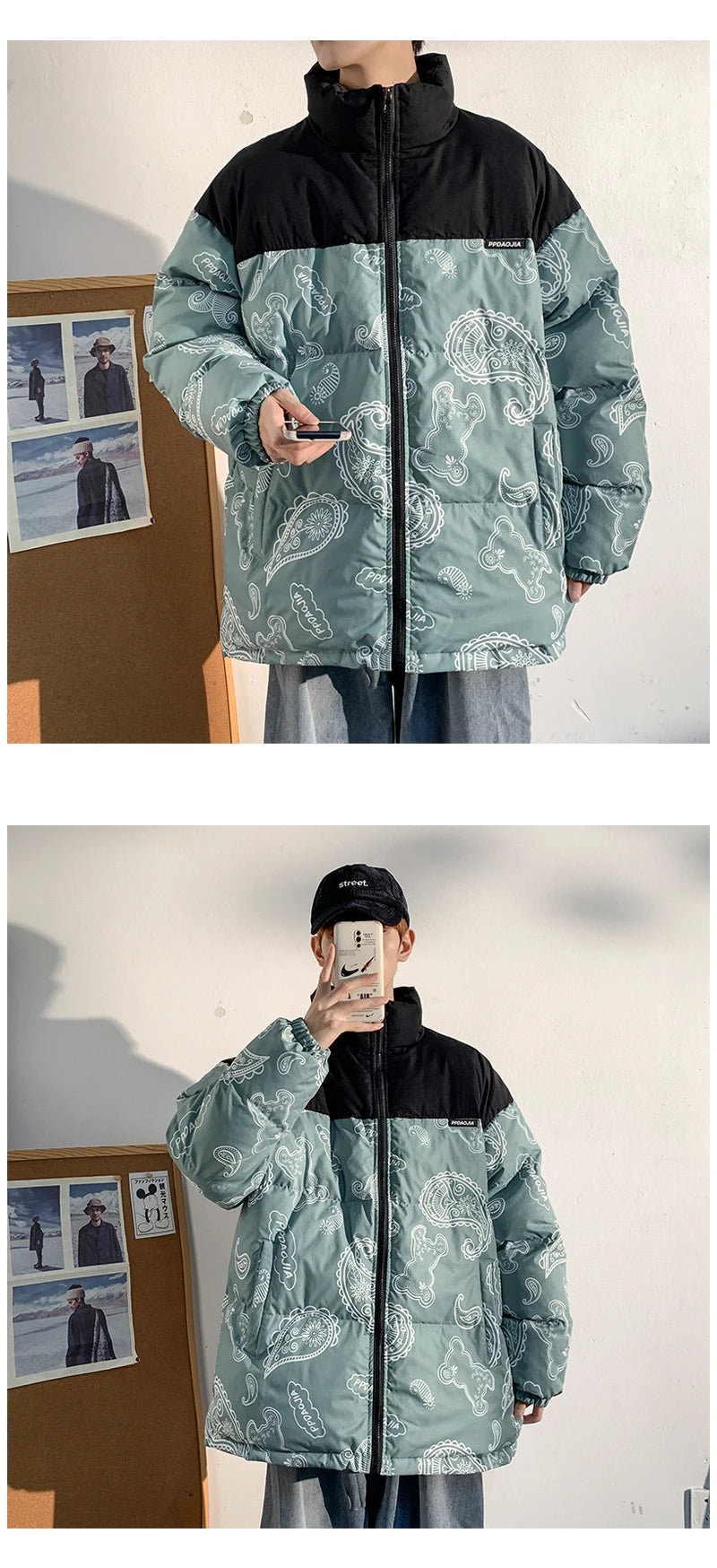 Men Japanese Streetwear Puffer Jackets 2023 Winter Mens Full Print Fashions Bubble Coat Couple Patchwork Thick Parkas Street King Limited