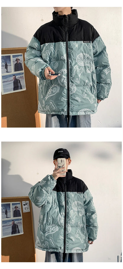 Men Japanese Streetwear Puffer Jackets 2023 Winter Mens Full Print Fashions Bubble Coat Couple Patchwork Thick Parkas Street King Limited