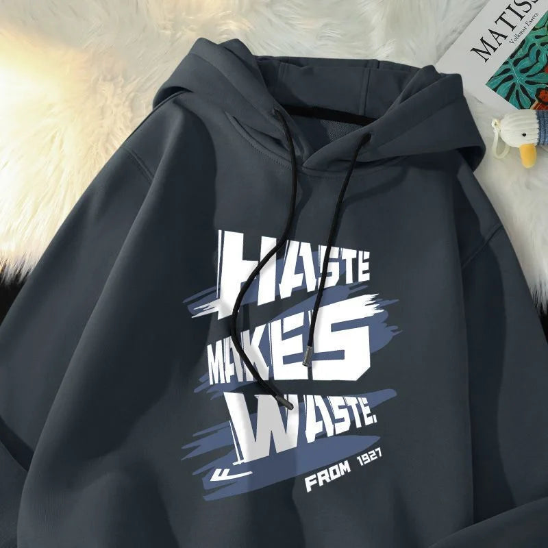 Haste Makes Waste Printed Hoody Man Personality Hip Hop Casual Pullover Hoodies Letter Y2K Streetwear Hooded Sweatshirts Street King Limited