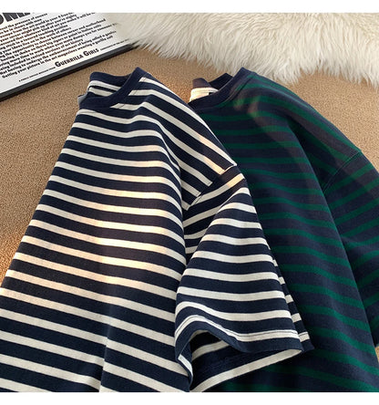 Japanese Striped Contrasting Color Short-Sleeved T-Shirt Men's Summer Pure Cotton 280g Heavy Loose Half-Sleeved T-Shirt Street King Limited