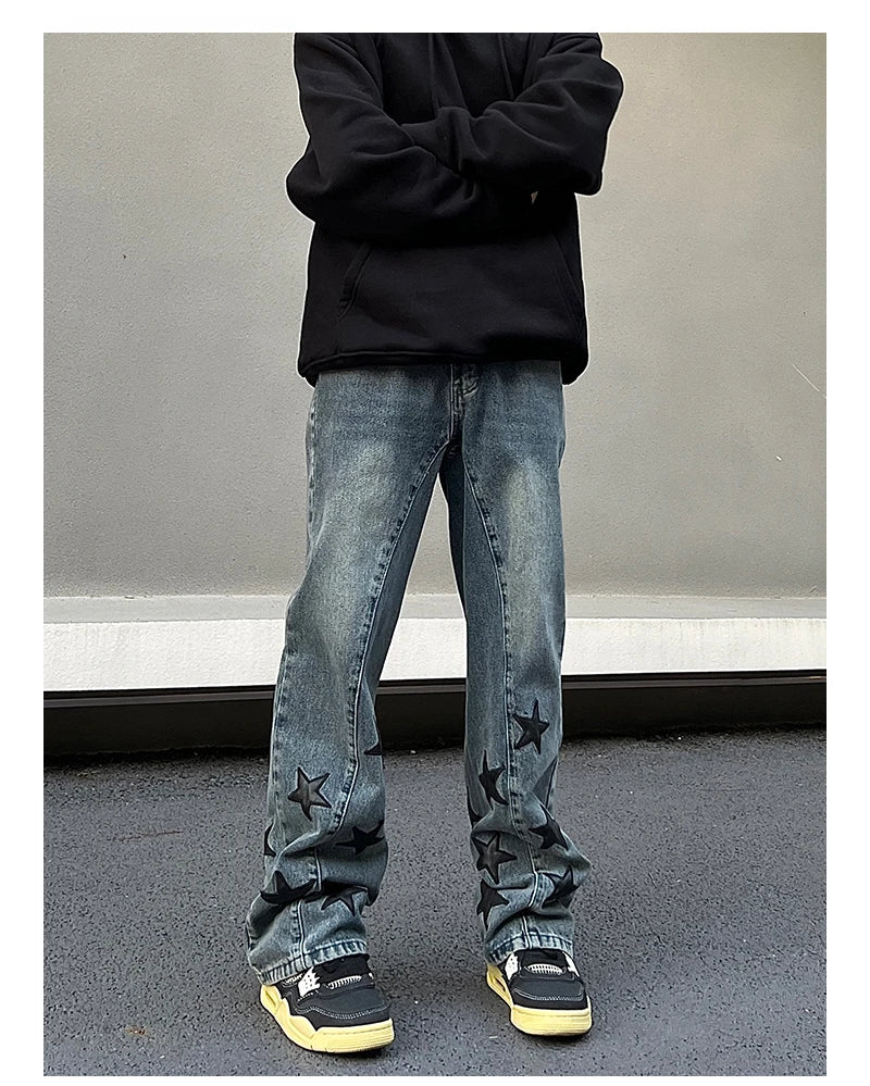 mens high street stars embroidery denim jean pants casual loose straight jeans hip hop y2k unisex pants streetwear joggers unique joggers style 2917