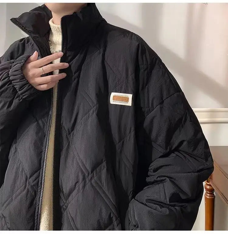 Winter personalized diamond grid cotton coat for men loose stand up collar trend for couples American loose retro casual top y2k Street King Limited