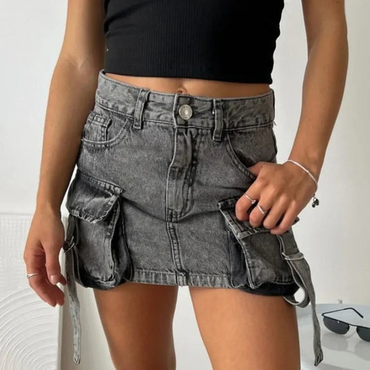 Vintage Y2K New Harajuku Multiple Pockets Denim Plaid Skirt Goth Black Mini Skir Fashion Womens Casual Versatile Sexy Streetwear Street King Limited
