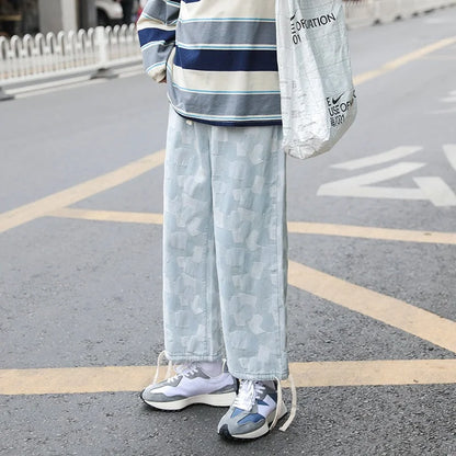 american plaid straight jeans mens casual streetwear printed denim pants autumn baggy classic wide leg retro y2k jean trousers vintage washed jeans