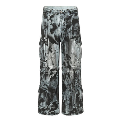 vintage dirty tie dye baggy jeans men multi pocket loose white straight jeans trousers luxury designer oversized denim pant vintage washed jeans