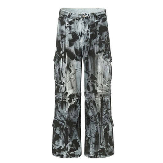 vintage dirty tie dye baggy jeans men multi pocket loose white straight jeans trousers luxury designer oversized denim pant vintage washed jeans