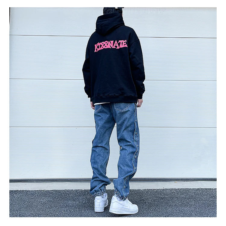 washed distressed denim sweatpant cashew flower patchwork oversized splice buckle jogging jeans casual button baggy men clothing unique joggers style 3351