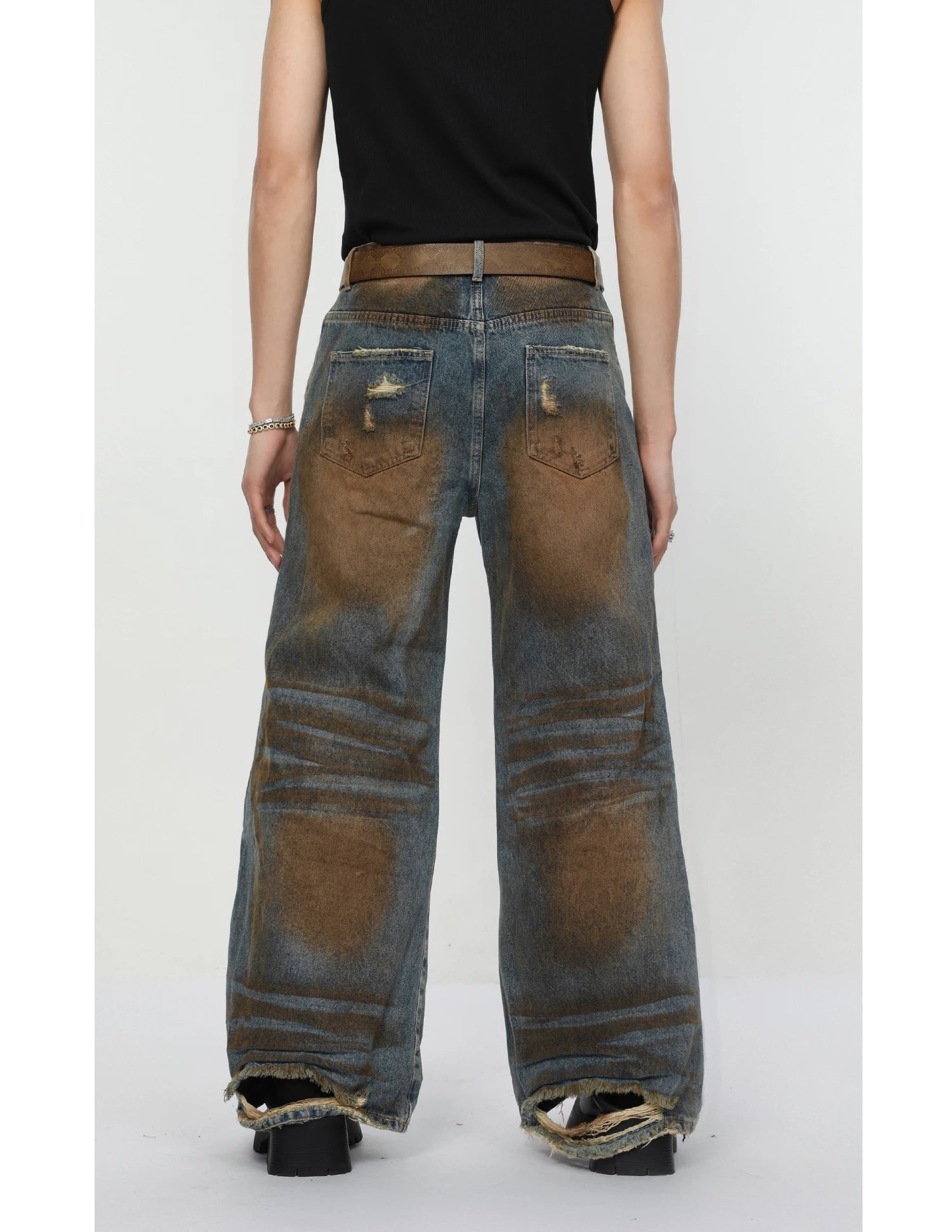 2 pieces sets mens dirty graffiti wide shouder denim jeans jacket coat and ripped holes wide legs pants joggers streetwear sets unique joggers style 3553