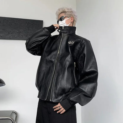 punk leather jacket mens spring standing collar trendy high street coats y2k streetwear hip hop motorcycle outwear 2024 new menswear bottoms