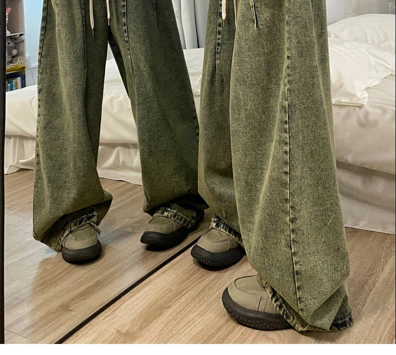 american retro trend personalized elastic band straight leg jeans for men and women loose and wide leg floor length casual pants unique jeans style 4541