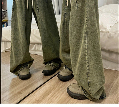 american retro trend personalized elastic band straight leg jeans for men and women loose and wide leg floor length casual pants unique jeans style 4541