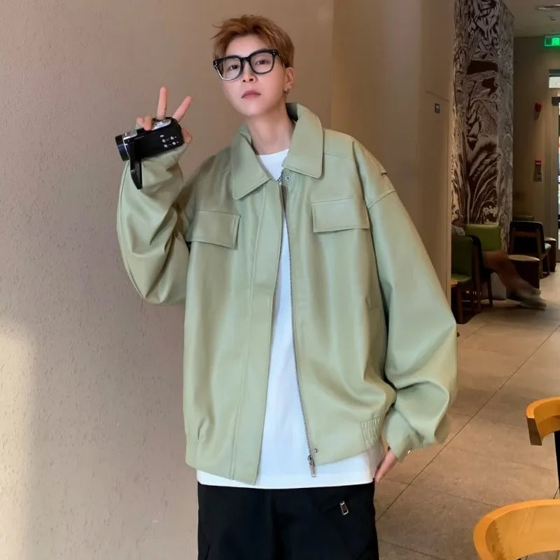 american motorcycle pu leather jacket mens 2024 new streetwear street hip hop trend coats spring new multi pocket lapel outwear unique default style 2896
