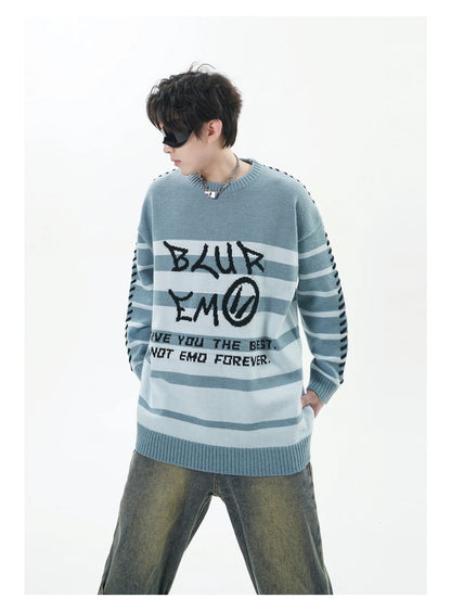 Men Striped Sweater Letter Graphic Loose Knitwear Jumper Pullover Sweaters Harajuku Hip Hop Streetwear Knitted Sweater Street King Limited