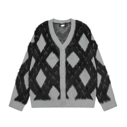 2024 New College Casual Mens Cardigan Autumn Diamond Grid Color Block Street Unisex Knitted Jacket Loose V-neck Sweater Coats Street King Limited