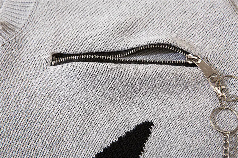 Deeptown Goth Punk Women's Ripped Knitted Sweater Gothic Vintage Jumper Grunge Y2k Knitwear Oversized Autumn Fashion Harajuku Street King Limited