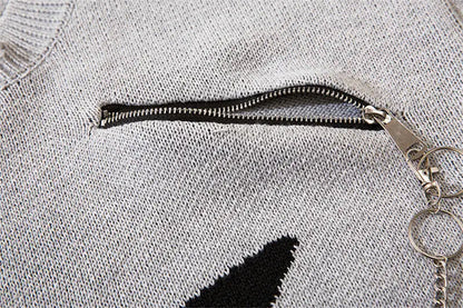Deeptown Goth Punk Women's Ripped Knitted Sweater Gothic Vintage Jumper Grunge Y2k Knitwear Oversized Autumn Fashion Harajuku Street King Limited