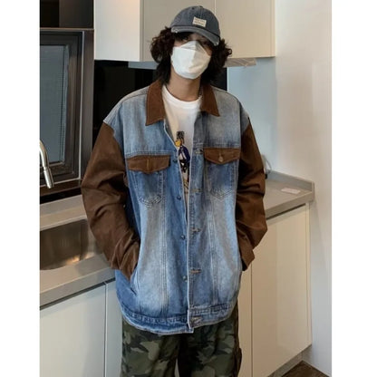 mens patchwork denim jacket spring trend korean retro college lapel color blocked couple coats 2024 high street cowboy cardigan unique jeans style 3376
