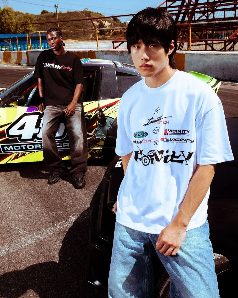 European and American New Racing Letter Printed Oversized Short-sleeved Tops Men Y2k Harajuku Retro Fashion Loose T-shirts Women Street King Limited