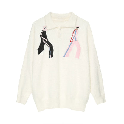 Korean Embroidery Lapel Sweater Mens Spring Street Trends Soft Seahorse Hair Loose Pullover Thickening Y2K Couple Knitwear New Street King Limited