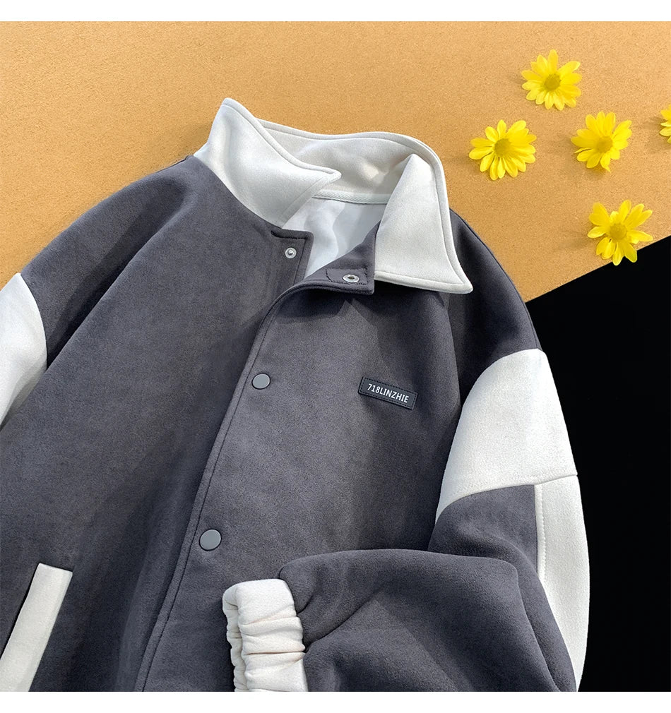 suede baseball jacket 2024 spring men uniform bomber jackets korean streetwear patchwork embroidery label coat unique default style 5053