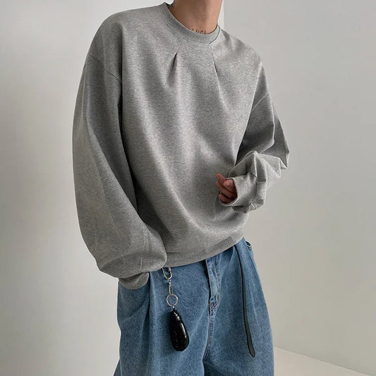 2024 Korean Fashion Crewneck Sweatshirts For Men Casual Design Pullover Y2K Hoodies Solid Color Streetwear Long Sleeve Tops Street King Limited