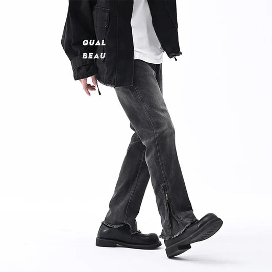 men streetwear hem zipper plus size distressed retro fashion loose casual denim pants jeans cityboy jeans trousers 28 40 vintage washed jeans