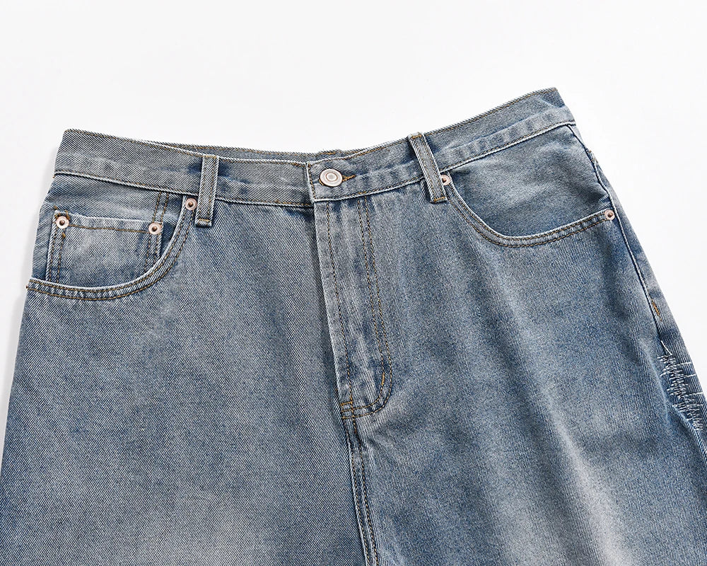 high street patchwork hole ripped baggy jeans for men straight pocket washed distressed casual denim trousers oversized unique jeans style 4023