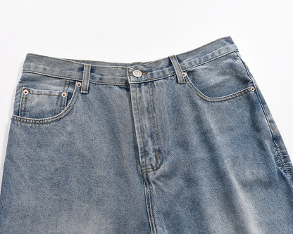 high street patchwork hole ripped baggy jeans for men straight pocket washed distressed casual denim trousers oversized unique jeans style 4023