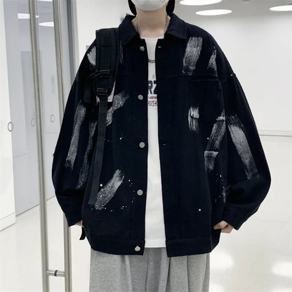 new graffiti tie dye denim jackets for men autumn high street appliques button coats harajuku fashion vintage jeans jacket stacked flare jeans
