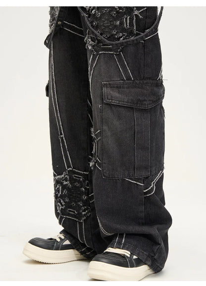 punk belt denim jeans pants women harajuku streetwear side pocket cotton men unisex casual baggy joggers straight pants trousers sporty tapered joggers