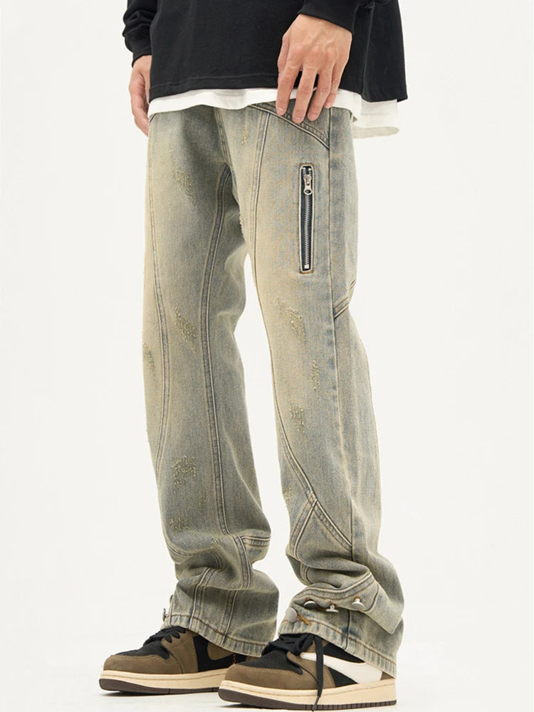 american high street retro straight jeans men casual patchwork y2k denim pants hip hop streetwear zipper baggy cargo jean unique cargo style 3127