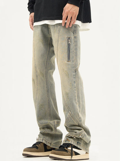american high street retro straight jeans men casual patchwork y2k denim pants hip hop streetwear zipper baggy cargo jean unique cargo style 3127