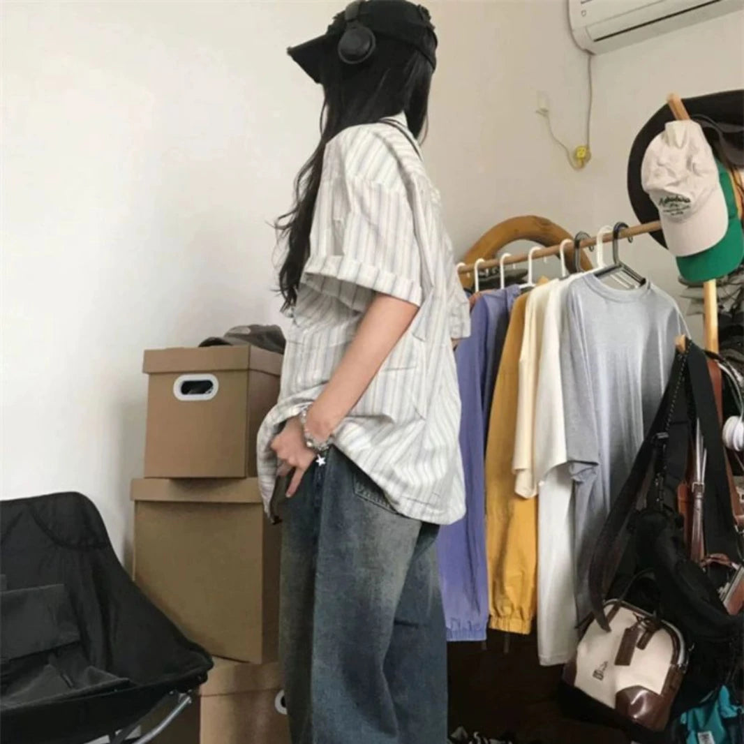 Korean Retro Blue Striped Short-sleeved Shirt for Women Summer 2024 New Niche Design Y2K Loose Half-sleeved Shirt Tops Street King Limited