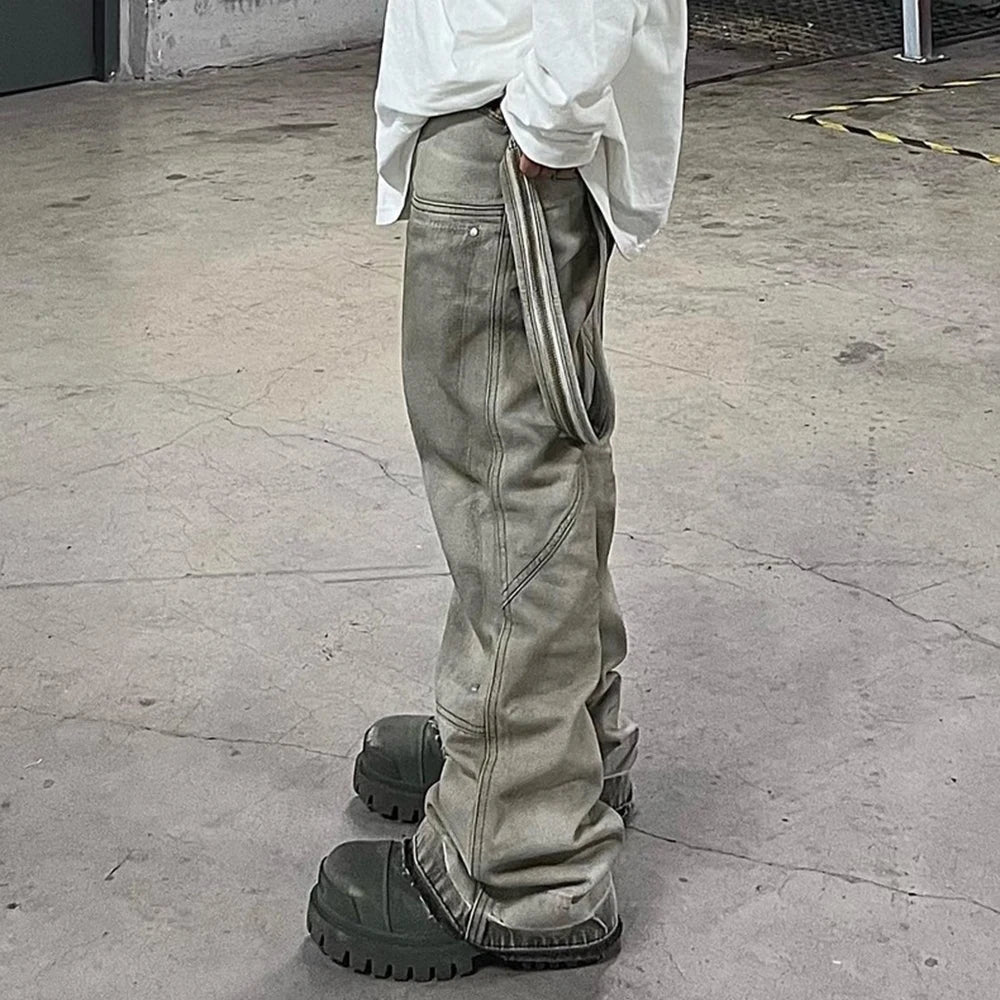 streetwear washed vintage ribbons logging jeans pants mens straight ropa hombre baggy cargos oversized loose denim overalls military streetwear pants