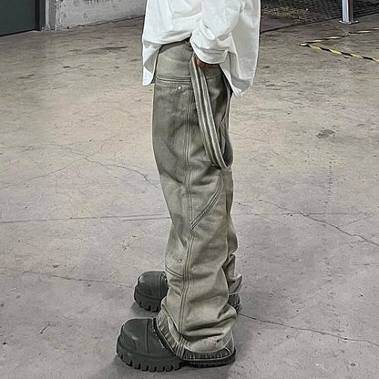 streetwear washed vintage ribbons logging jeans pants mens straight ropa hombre baggy cargos oversized loose denim overalls military streetwear pants