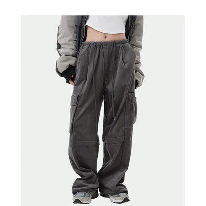 women high street corduroy pants casual elastic waist side pocket loose straight pant unisex hip hop y2k loose streetwear jogger casual joggers