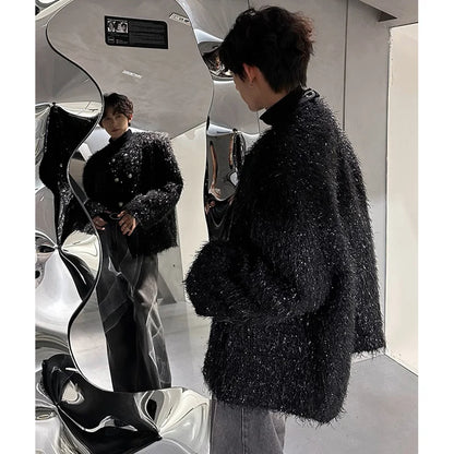 men double breasted french streetwear retro fashion loose casual tassels woolen short jacket man korean coat outerwear casual urban shorts