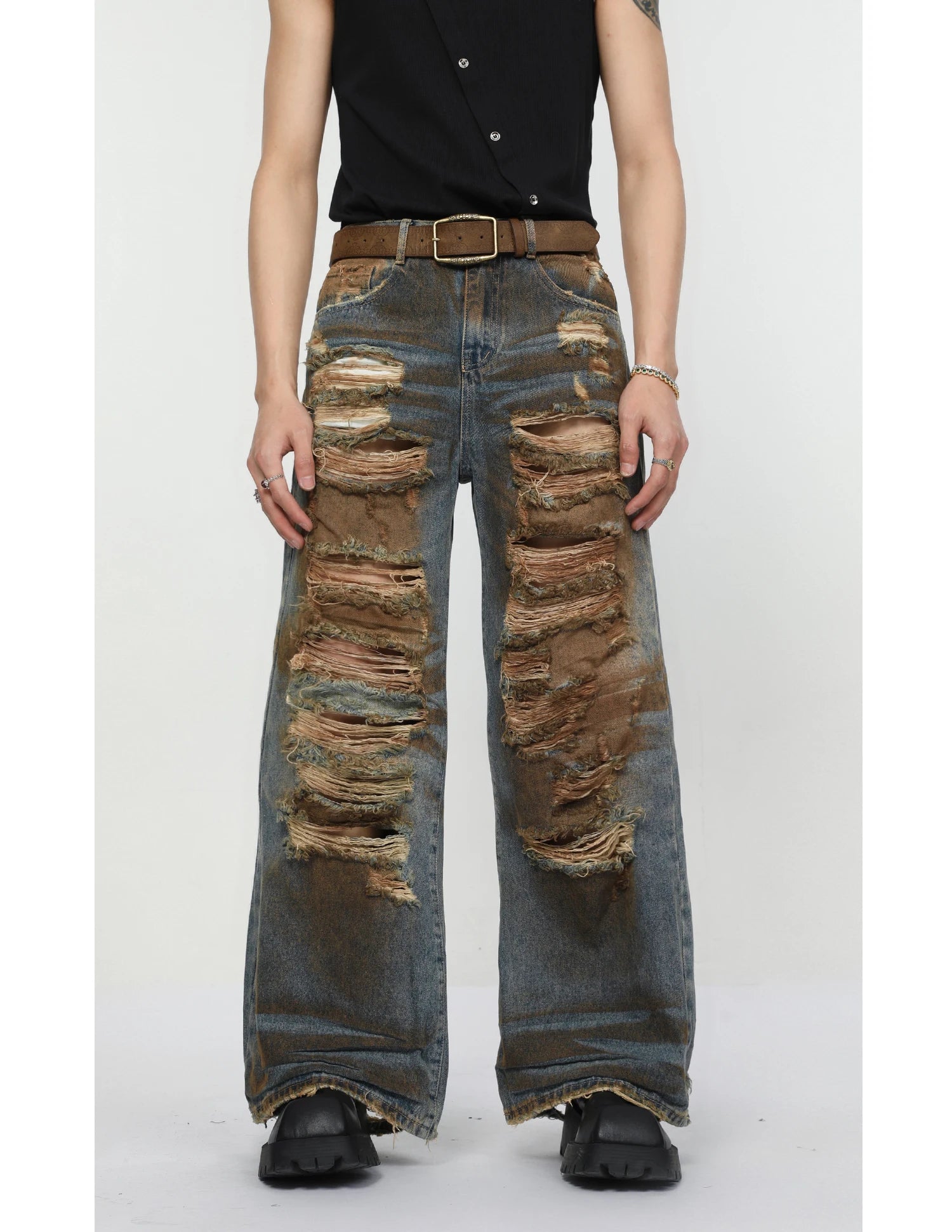 2 pieces sets mens dirty graffiti wide shouder denim jeans jacket coat and ripped holes wide legs pants joggers streetwear sets unique joggers style 3547