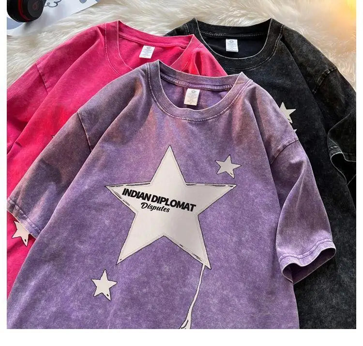 Five-pointed star American washed distressed short-sleeved T-shirt for men in summer loose heavyweight T-shirt trendy y2k tops Street King Limited