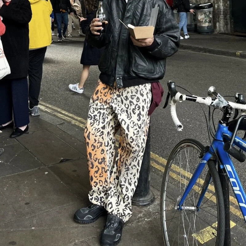 Vintage Leopard Patchwork Straight Baggy Jeans Pants Mens Streetwear Pockets Casual Unisex Denim Trousers Loose Cargo Pants Street King Limited