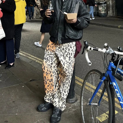 Vintage Leopard Patchwork Straight Baggy Jeans Pants Mens Streetwear Pockets Casual Unisex Denim Trousers Loose Cargo Pants Street King Limited