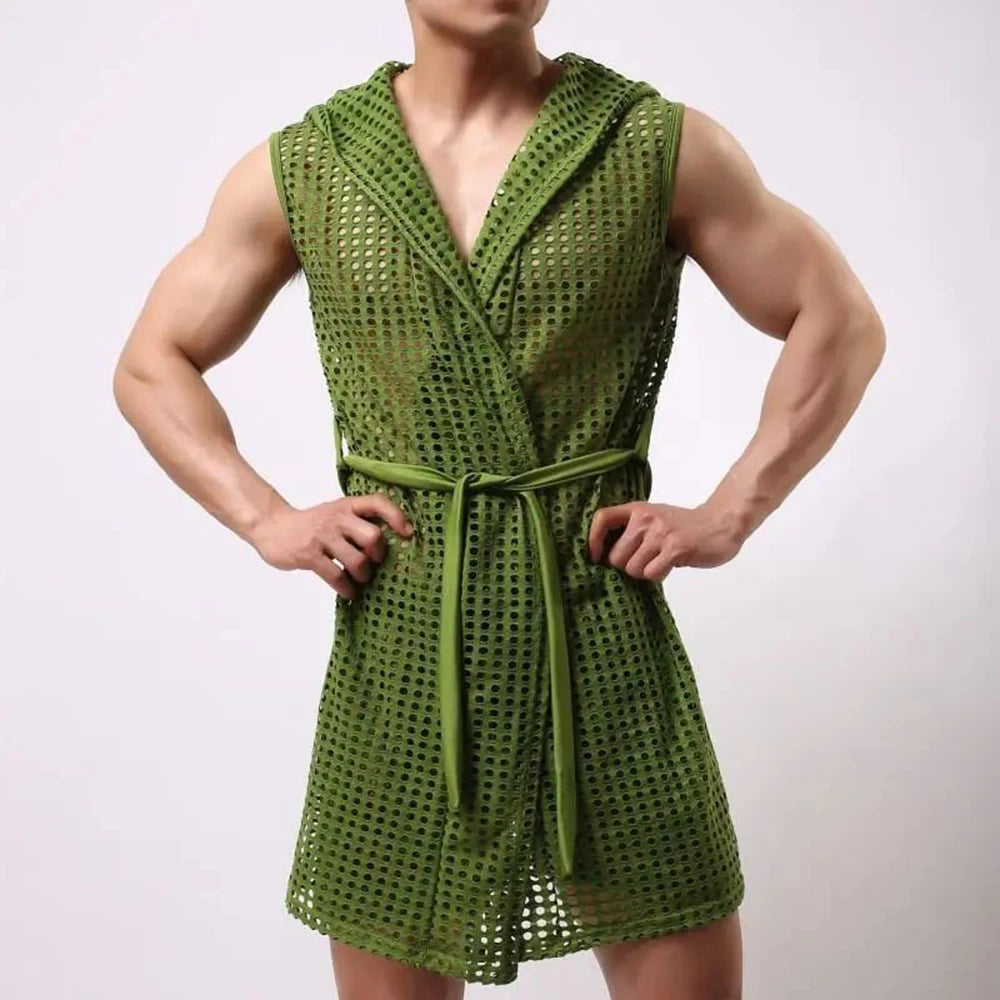 Men Robes Brand Male Sexy Bathrobe Sleepwear Sleeveless Bath Robe Sleep Lounge Badjas Cutout Cardigan Loungewear Mesh Menswear Street King Limited