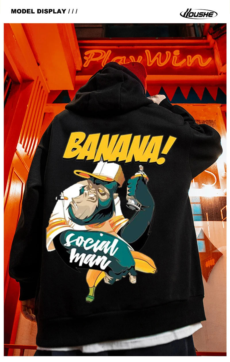 Cartoon Gorilla Banana Graphic Men's Hoodies Autumn Oversized Hip Hop Fashion Hooded Sweatshirts Harajuku Male Casual Y2K Hoodie Street King Limited