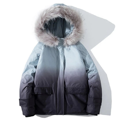 rainbowtouches winter warm gradient parkas men women streetwear thick jackets coat fashion harajuku hoody fur collar coats clean everyday pants
