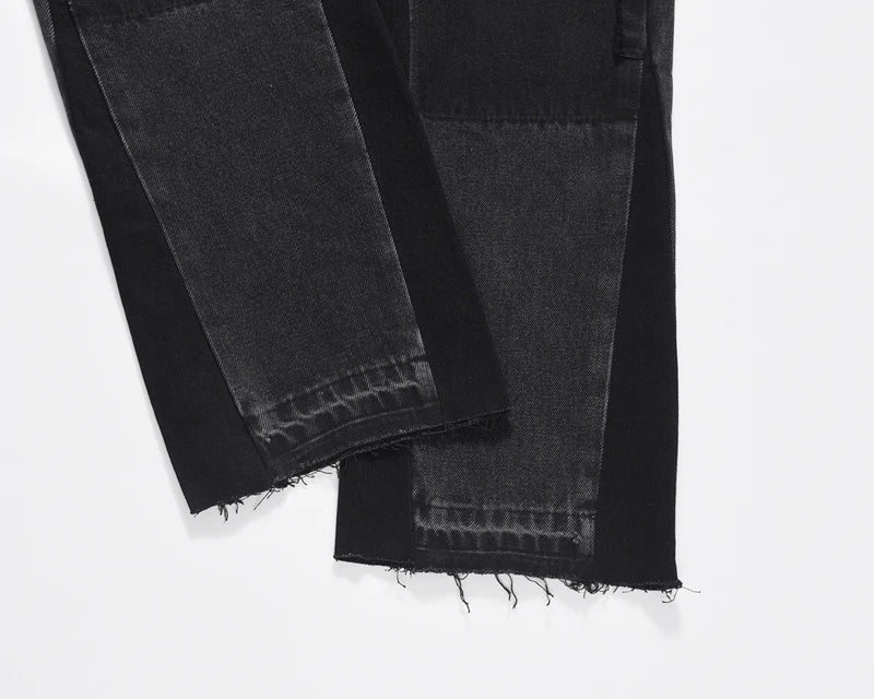 high street patchwork ripped black jeans pants for men straight retro casual sashes pockets denim trousers oversized loose jean unique jeans style 2832