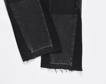 high street patchwork ripped black jeans pants for men straight retro casual sashes pockets denim trousers oversized loose jean unique jeans style 2832