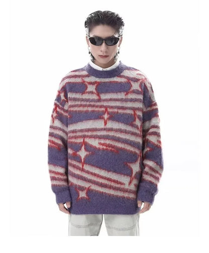 japanese hip hop sweater set men contrast zebra pattern round neck knit top splicing distressed loose jeans 2 pcs harajuku suit unique jeans style 3953