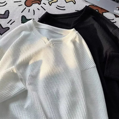 Autumn Men's V-neck Long Sleeve T-shirts New Solid Color Jacquard Waffle Pullover Tops High Street Fashion Breathable Tee Shirts Street King Limited